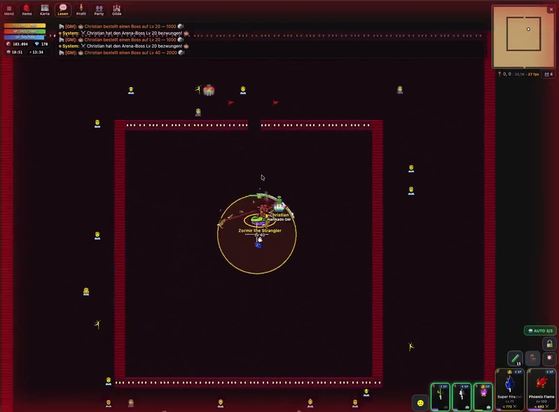 The boss arena in Nanikado, glowing red during a fight: the player battles Zormir the Strangler, level 40, inside the barrier, while a crowd of onlookers is spread around the stands outside.