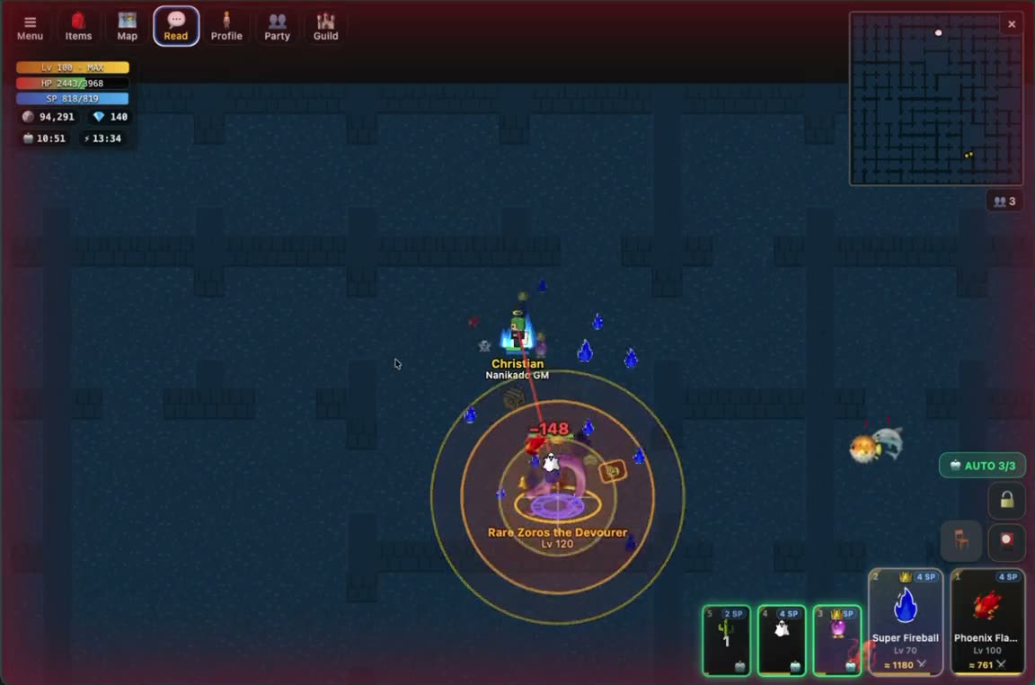 Dungeon fight in Nanikado: the player faces the rare boss Zoros the Devourer, level 120, deep inside a dark maze.